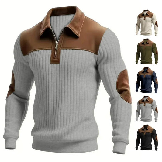 Style Knitted Pullover With A Turned-up Collar Patchwork Embroidery Casual Office And Sporty Style With A Zipper On The Front