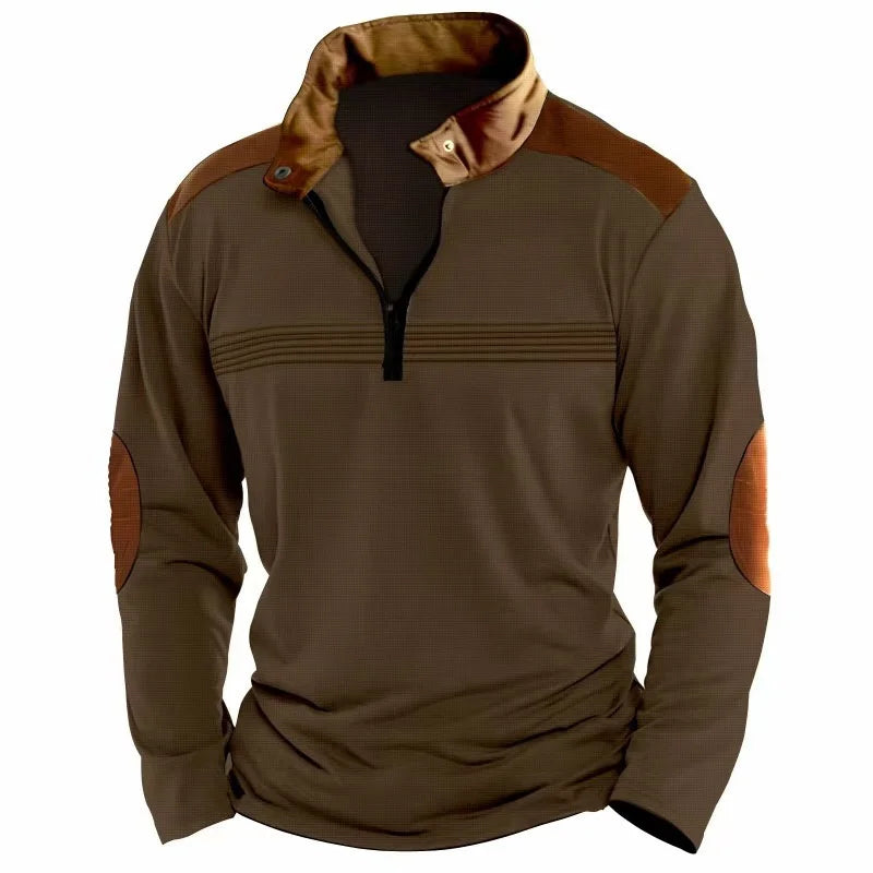 Men's contrasting half-zip stand-up collar long-sleeved top with European and American retro elbow patch design casual pullover