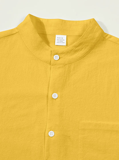 Autumn men's clothing 2025 new item men's solid color cotton and linen shirt stand up collar cardigan long sleeved casual busine