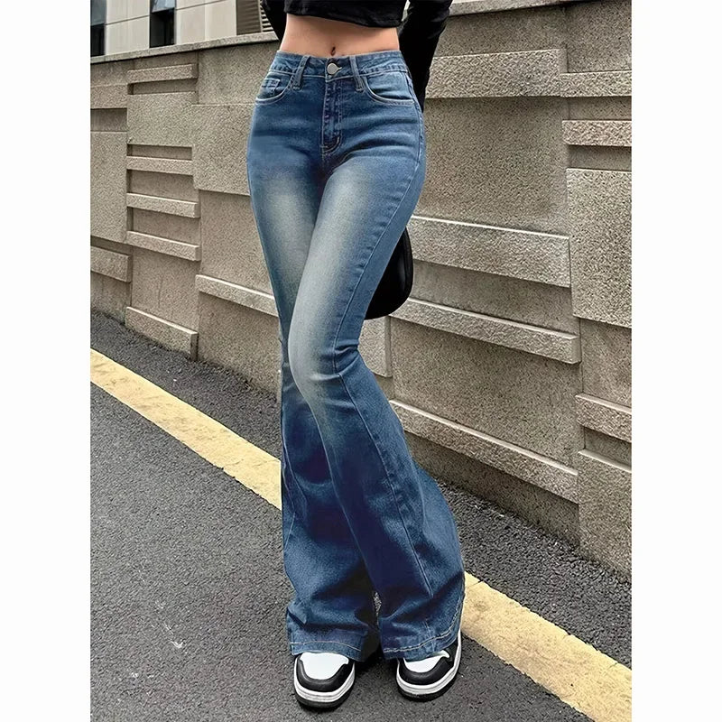 Girls Concise Ins High Waist Flared Jeans Female Stretchy Bootcut Denim Pants Women Solid Color Thin Bell Bottoms Trousers