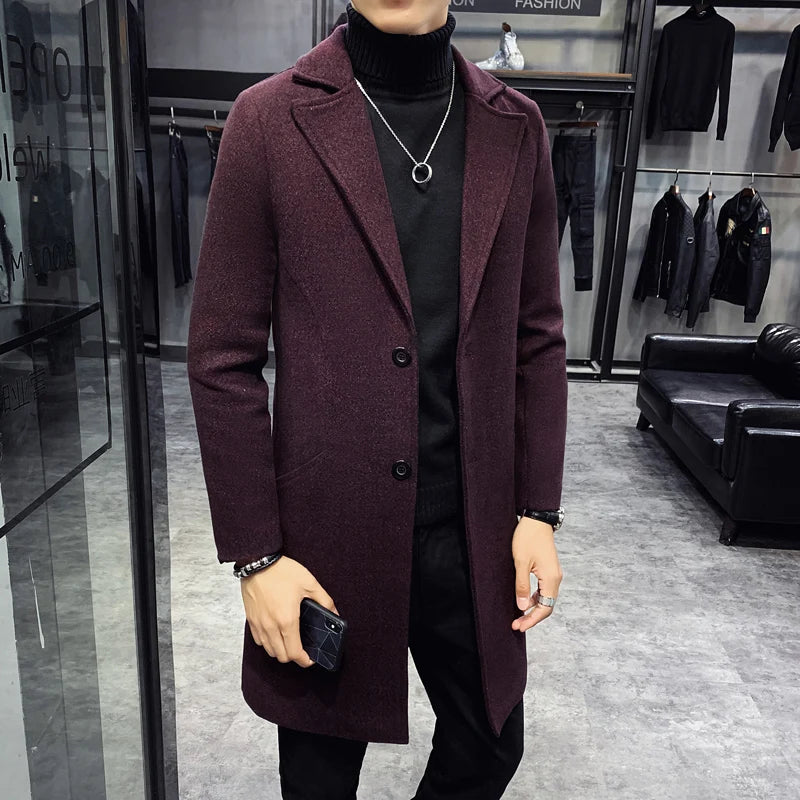 Men Winter Trench Coats Long Jackets Men Slim Fit Casual Wool Blends Business Casual Trench Thicker Warm Long Coats Size 5XL