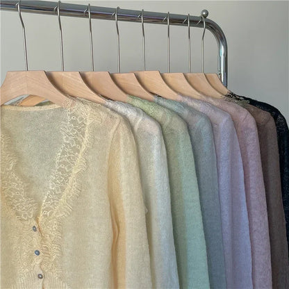 Seoulish Vintage Lace Knitted Cardigans for Women 2026 New Autumn Winter Solid Casual Slim Korean Style Ladies Tops Female