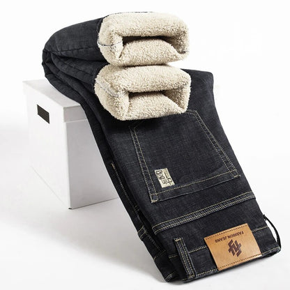 Pantalones vaqueros rectos con pelusa de cordero para hombre, Vaqueros gruesos de talla grande 40, Vaqueros elásticos de cintura alta con forro polar, Vaqueros ajustados cálidos para invierno