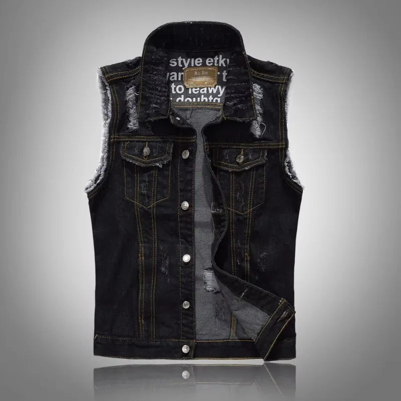 Men Slim Denim Vests Jackets Waistcoats Fashion Male Fit Blue Denim Coats Vests Street Wear Holes Jeans Vest Large Size Size 5XL