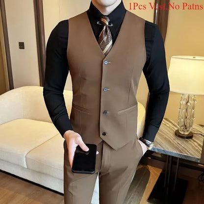 S-7XL High-end Brand Solid Color Elastic Men's Casual Business Vest Groom Wedding Suit Party Waist Coat