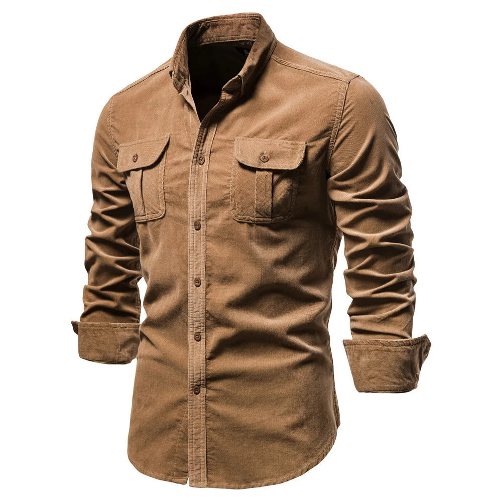 Fashion Single Breasted Cotton Men's Shirt Business Casual Fashion Solid Color Corduroy Men Shirts Autumn Slim Shirt Men