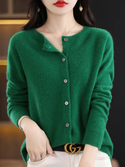 2026 New Chic Women's Basic O-neck Cardigan 100% Merino Wool Sweater Soft Grace Knitwear CoatSpring Autumn Female Clothes Tops