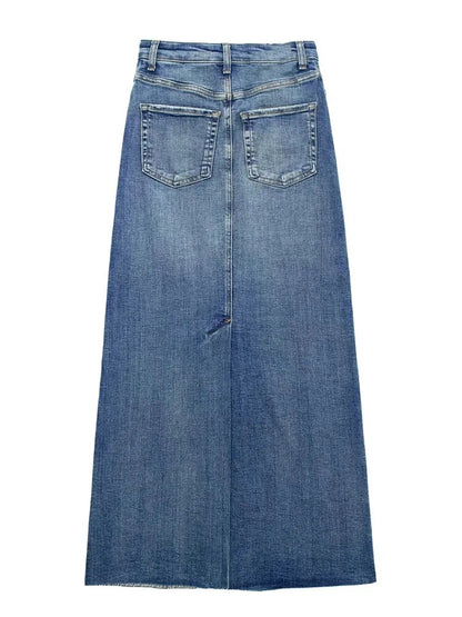 TRAF Falda vaquera azul para mujer, faldas largas de tela vaquera para mujer, moda 2023, Falda de tubo con corte en la cintura deshilachada, Falda Midi deshilachada con hendidura