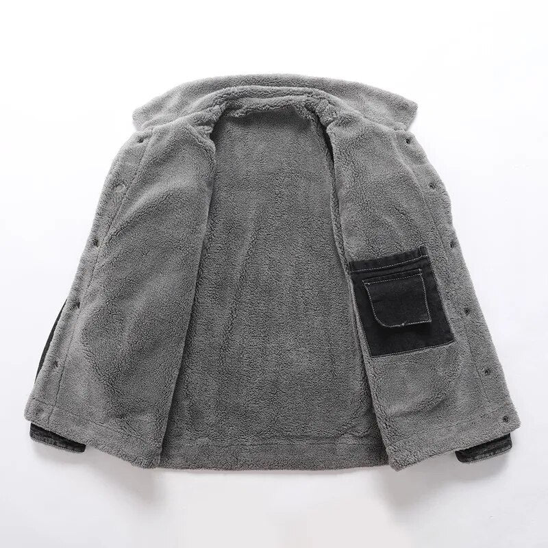 Chaqueta de invierno para hombre, chaqueta vaquera gruesa con solapa de pelo de cordero, chaqueta acolchada de algodón cálida informal ajustada de alta calidad para hombre