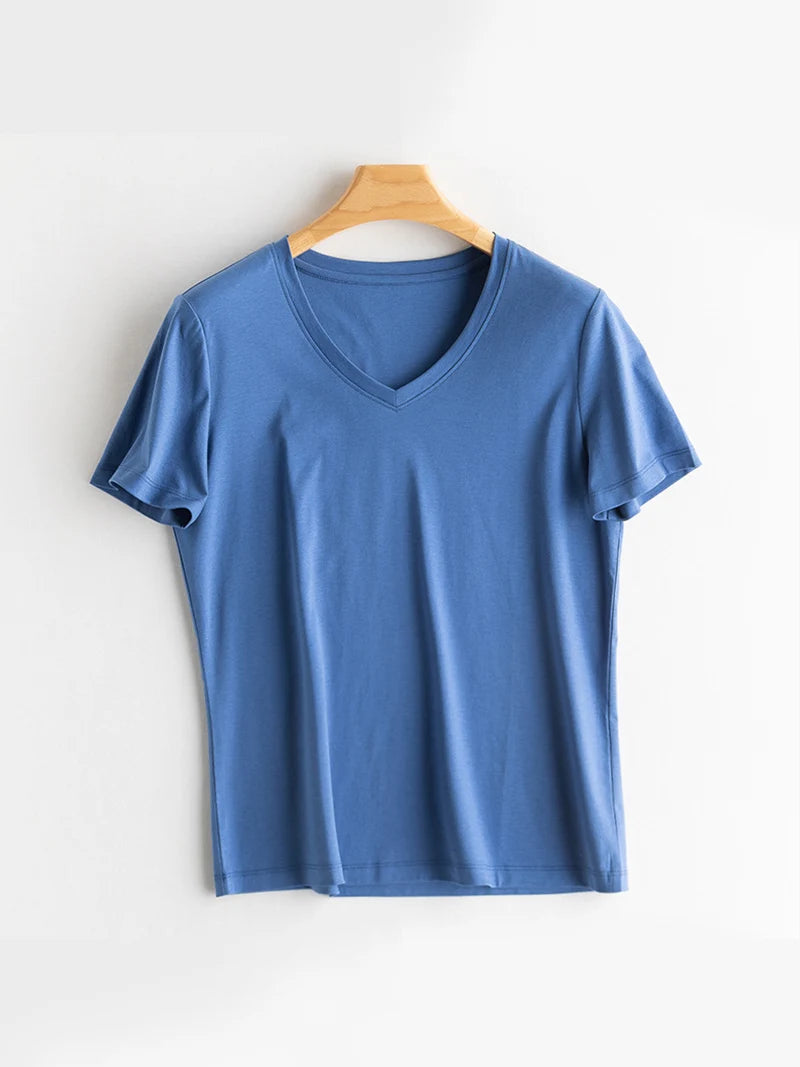 SuyaDream Women Solid T shirts, Silk Cotton Blend, O Neck, Short Sleeved Solid Tee,2026 Summer Candy Colors Basic Cozy Top Green