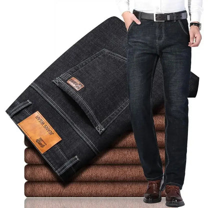 2025 New business casual Trousers Grey Fleece Men Clothes Black Elasticity Warm Winter Jeans Velvet Jeans