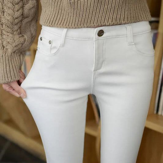 Vaqueros elásticos gruesos de invierno, pantalones vaqueros de tubo para mujer, pantalones vaqueros ajustados de talla grande 34, pantalones vaqueros cálidos de felpa aterciopelada forrados Kot Pantolon