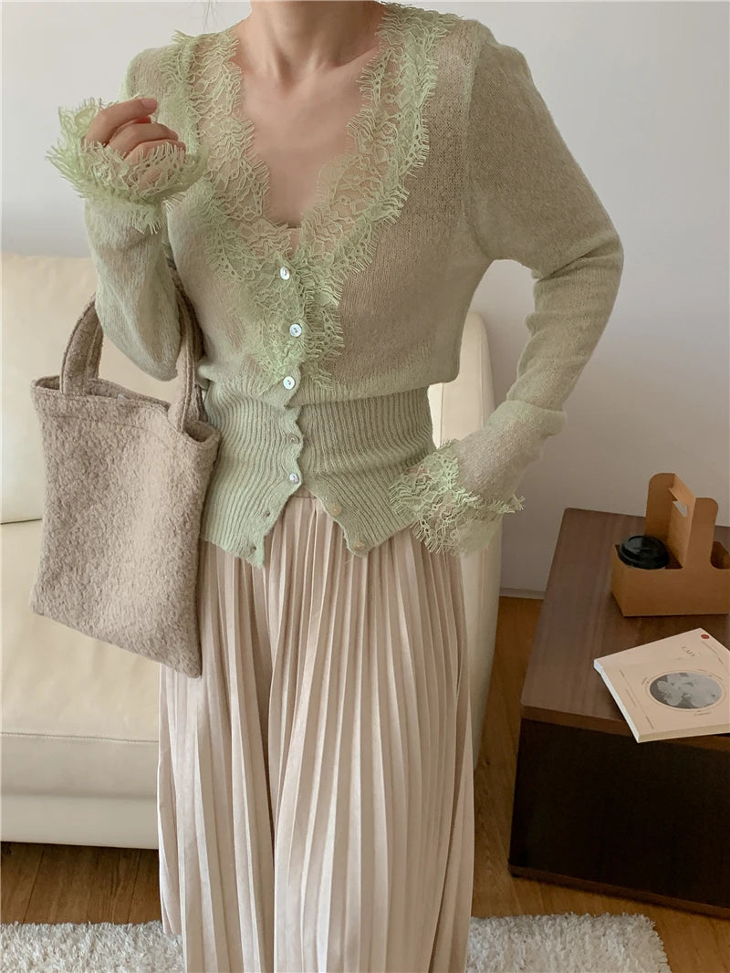 Seoulish Vintage Lace Knitted Cardigans for Women 2026 New Autumn Winter Solid Casual Slim Korean Style Ladies Tops Female