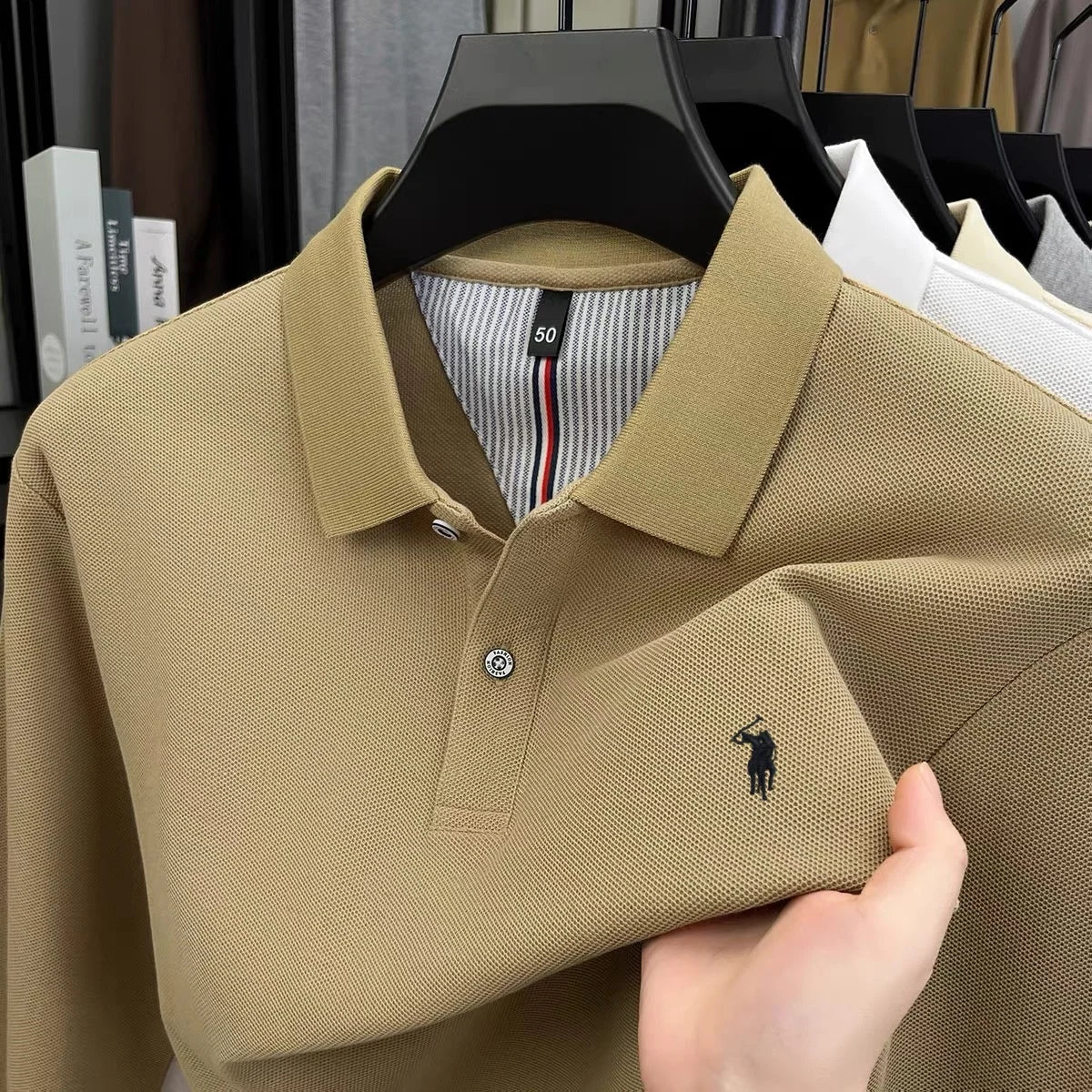 100% pure cotton autumn and winter men's fashion sports brand embroidered pony long sleeved POLO shirt business casual T-shirt