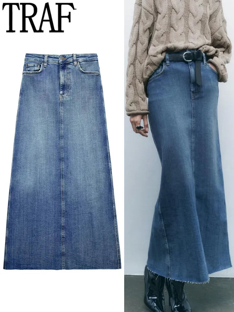 TRAF Falda vaquera azul para mujer, faldas largas de tela vaquera para mujer, moda 2023, Falda de tubo con corte en la cintura deshilachada, Falda Midi deshilachada con hendidura