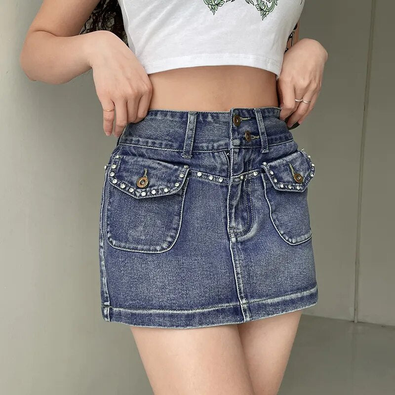 Faldas vaqueras Penceil de diamantes Vintage para mujer, falda vaquera ajustada de talle bajo, estética Y2K, ropa de calle para bebés