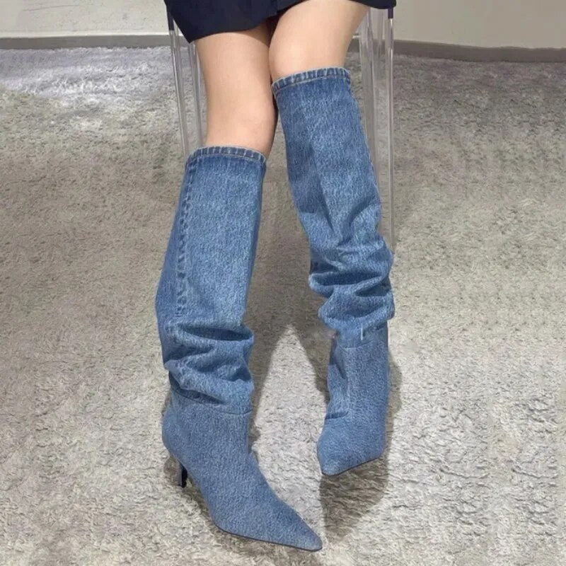 Botas vaqueras hasta la rodilla Chelsea para Mujer, zapatos de tacón de aguja con punta estrecha, estilo gladiador, para motocicleta, otoño e invierno, 2023