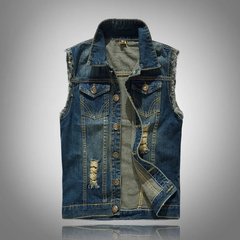 Men Slim Denim Vests Waistcoats Jackets Fashion Male Blue Fit Denim Coats Vests Large Size Punk Style Holes Jeans Vest Size 6XL