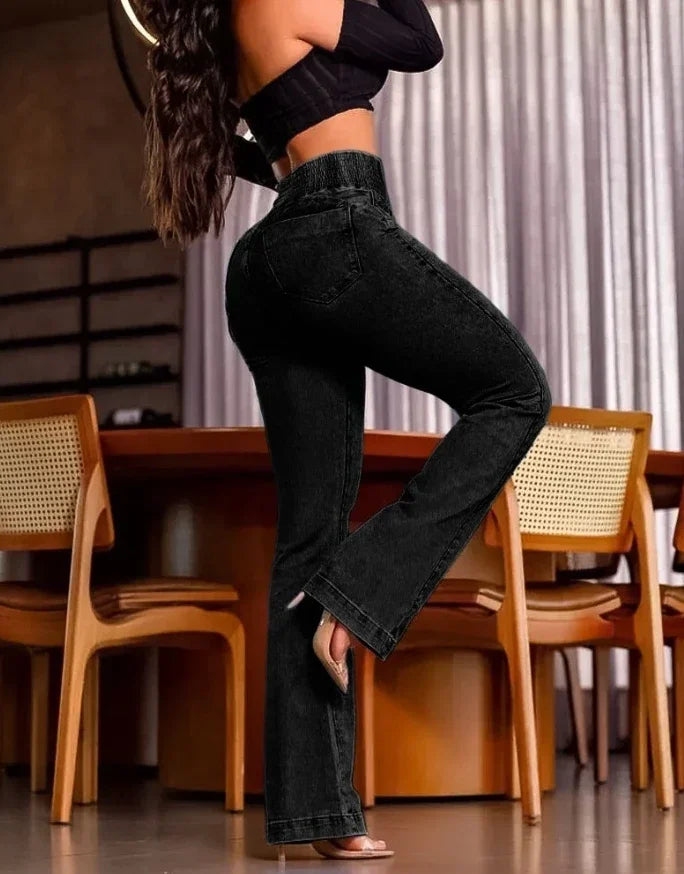 ALLUKASA 2026 autumn winter  Elegant High Waist Button Front Casual Female Jeans Sexy  Fashion Back Shirred Trouser Bottom