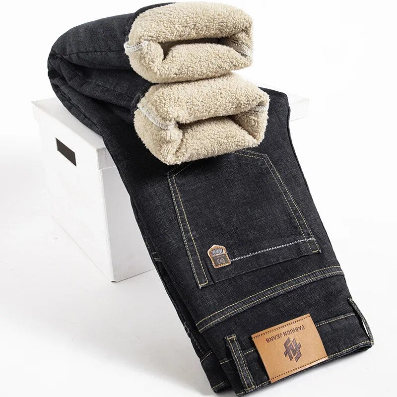 Pantalones vaqueros rectos con pelusa de cordero para hombre, Vaqueros gruesos de talla grande 40, Vaqueros elásticos de cintura alta con forro polar, Vaqueros ajustados cálidos para invierno