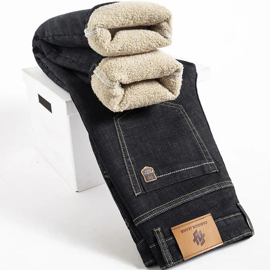 Pantalones vaqueros rectos con pelusa de cordero para hombre, Vaqueros gruesos de talla grande 40, Vaqueros elásticos de cintura alta con forro polar, Vaqueros ajustados cálidos para invierno