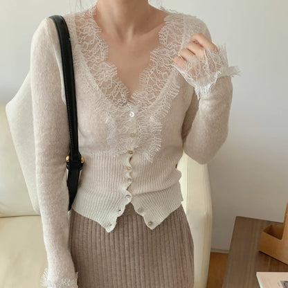 Seoulish Vintage Lace Knitted Cardigans for Women 2026 New Autumn Winter Solid Casual Slim Korean Style Ladies Tops Female
