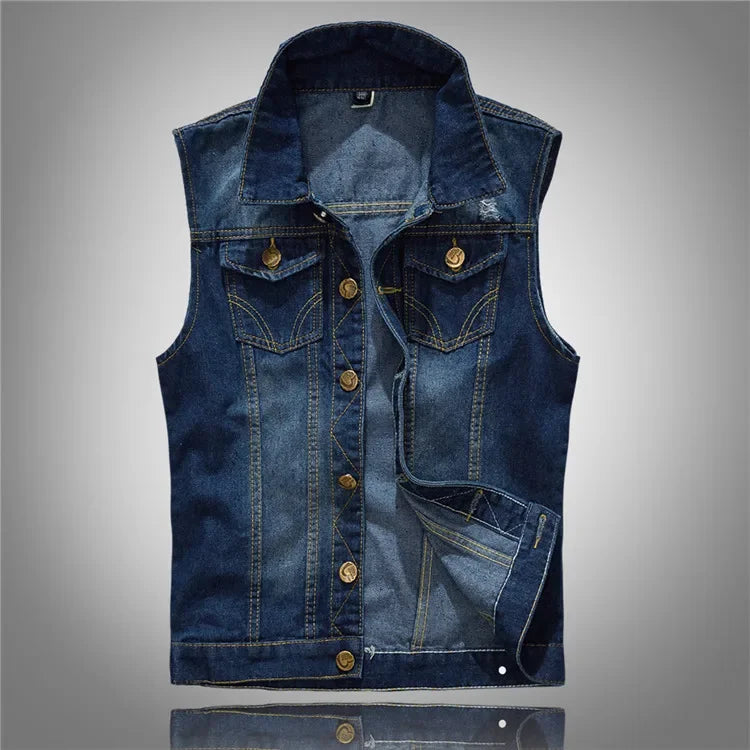 Men Slim Denim Vests Waistcoats Jackets Fashion Male Blue Fit Denim Coats Vests Large Size Punk Style Holes Jeans Vest Size 6XL