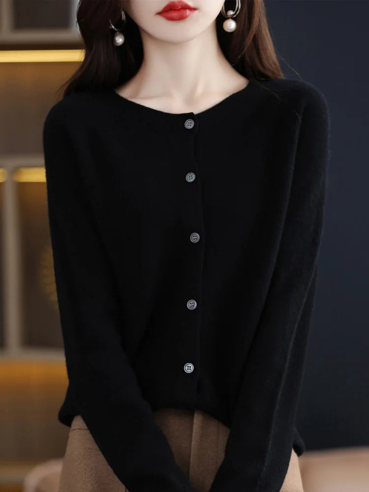 2026 New Chic Women's Basic O-neck Cardigan 100% Merino Wool Sweater Soft Grace Knitwear CoatSpring Autumn Female Clothes Tops