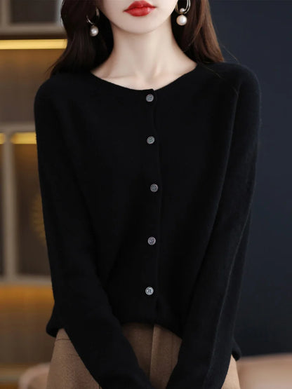 2026 New Chic Women's Basic O-neck Cardigan 100% Merino Wool Sweater Soft Grace Knitwear CoatSpring Autumn Female Clothes Tops