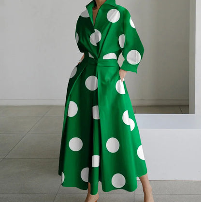 Autumn Dress Long Sleeve Dot Print Elegant Maxi Dresses For Women 2025 White Casual V Neck Shirt Party Long Dress Robe Femme
