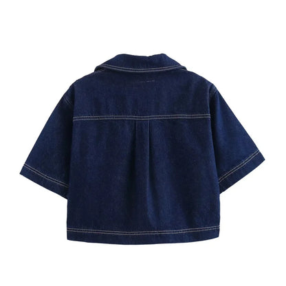 Blue Denim Shirt Woman Short Sleeve Cropped Shirt Women Summer Short Tops Woman Streetwear Y2k Stylish Women's Blouses