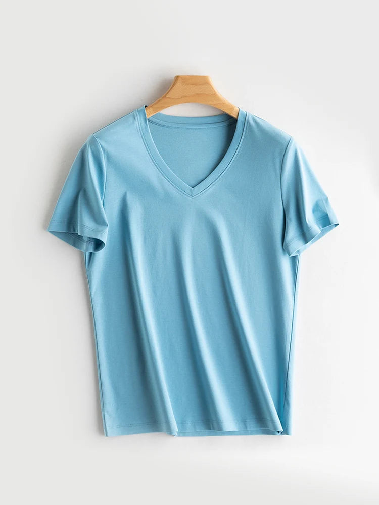SuyaDream Women Solid T shirts, Silk Cotton Blend, O Neck, Short Sleeved Solid Tee,2026 Summer Candy Colors Basic Cozy Top Green