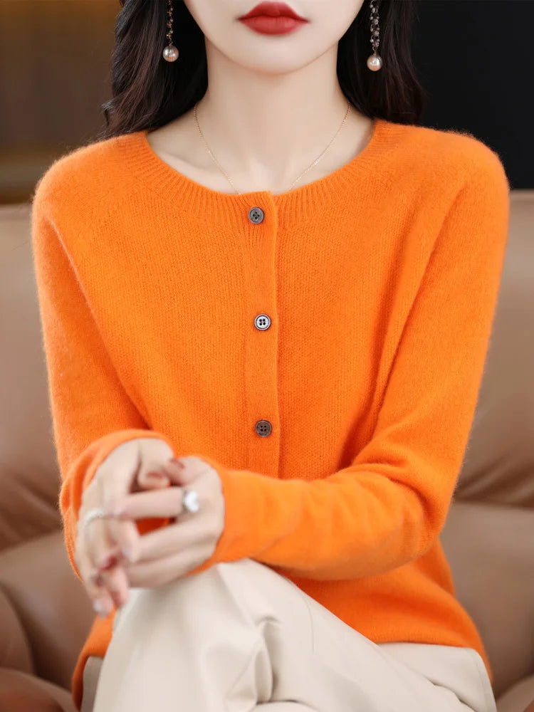 2026 New Chic Women's Basic O-neck Cardigan 100% Merino Wool Sweater Soft Grace Knitwear CoatSpring Autumn Female Clothes Tops