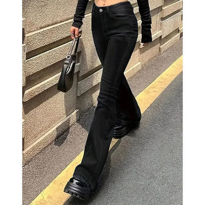 Girls Concise Ins High Waist Flared Jeans Female Stretchy Bootcut Denim Pants Women Solid Color Thin Bell Bottoms Trousers