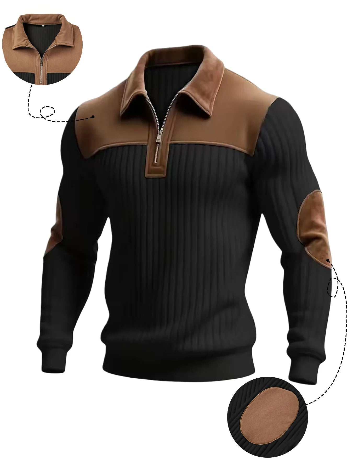 Style Knitted Pullover With A Turned-up Collar Patchwork Embroidery Casual Office And Sporty Style With A Zipper On The Front
