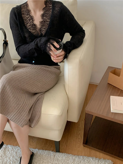 Seoulish Vintage Lace Knitted Cardigans for Women 2026 New Autumn Winter Solid Casual Slim Korean Style Ladies Tops Female