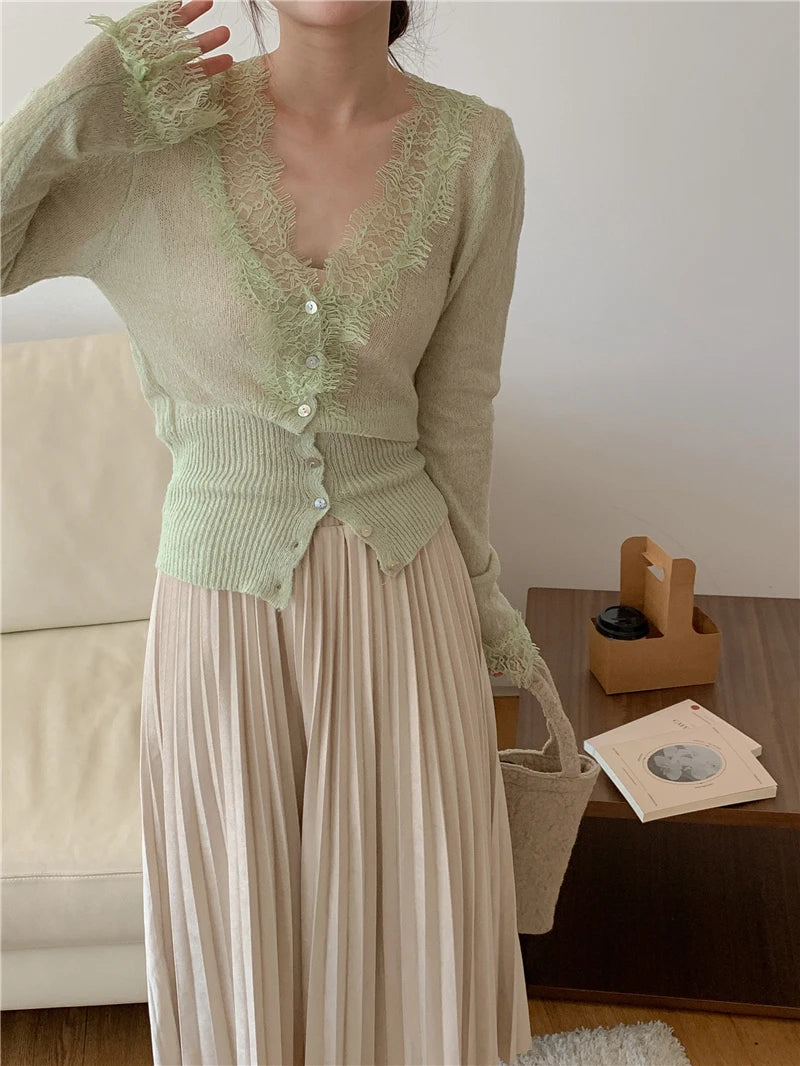 Seoulish Vintage Lace Knitted Cardigans for Women 2026 New Autumn Winter Solid Casual Slim Korean Style Ladies Tops Female