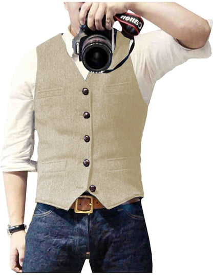 Men's Casual Classic Suit Vest V Neck Herringbone Tweed Slim Fit Business Waistcoat For Wedding