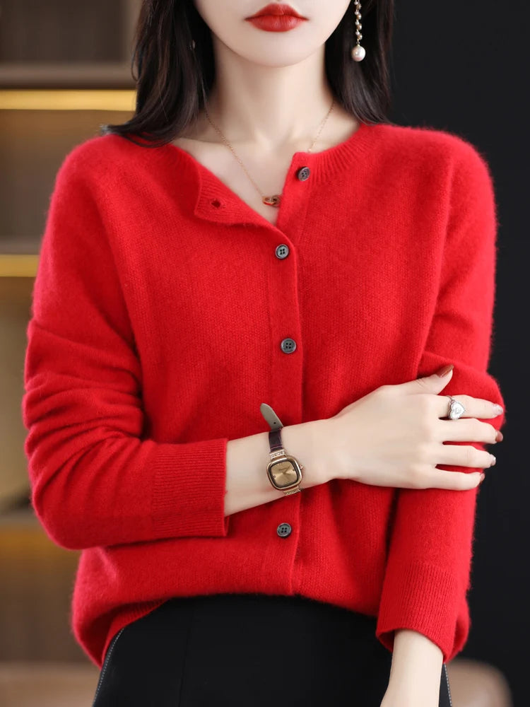 2026 New Chic Women's Basic O-neck Cardigan 100% Merino Wool Sweater Soft Grace Knitwear CoatSpring Autumn Female Clothes Tops
