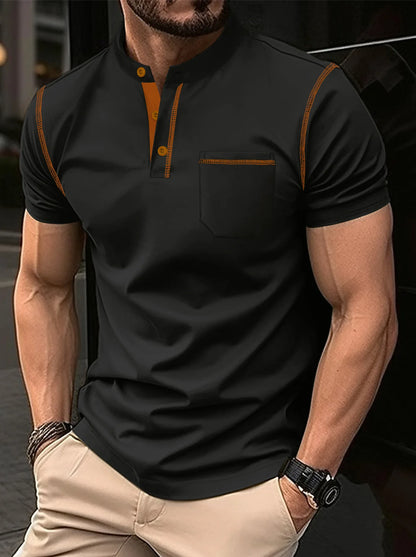 Summer New Men Henry collar short sleeve golf POLO shirt personality pocket style casual breathable sports street fashion top