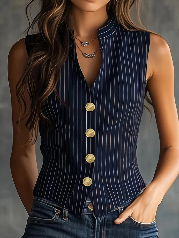 Women Vintage Casual Vertical Striped Sleeveless Stand Collar Waist Narrowing Button-Front Blouse Daily Commute Spring Summer