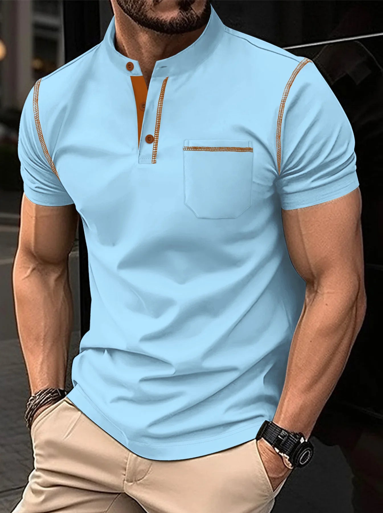 Summer New Men Henry collar short sleeve golf POLO shirt personality pocket style casual breathable sports street fashion top