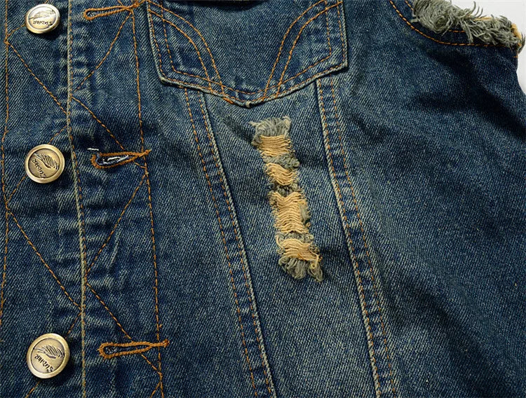 Men Slim Denim Vests Waistcoats Jackets Fashion Male Blue Fit Denim Coats Vests Large Size Punk Style Holes Jeans Vest Size 6XL