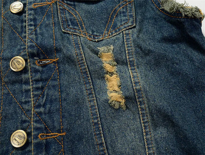 Men Slim Denim Vests Waistcoats Jackets Fashion Male Blue Fit Denim Coats Vests Large Size Punk Style Holes Jeans Vest Size 6XL