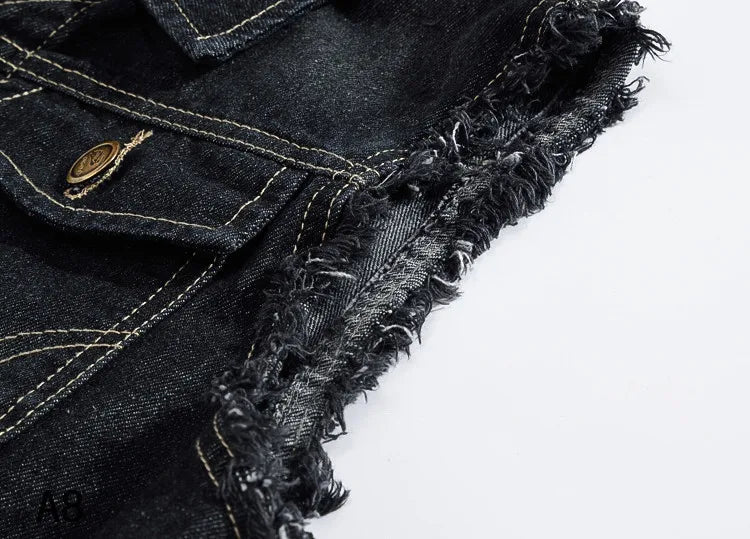 Men Slim Denim Vests Waistcoats Jackets Fashion Male Blue Fit Denim Coats Vests Large Size Punk Style Holes Jeans Vest Size 6XL