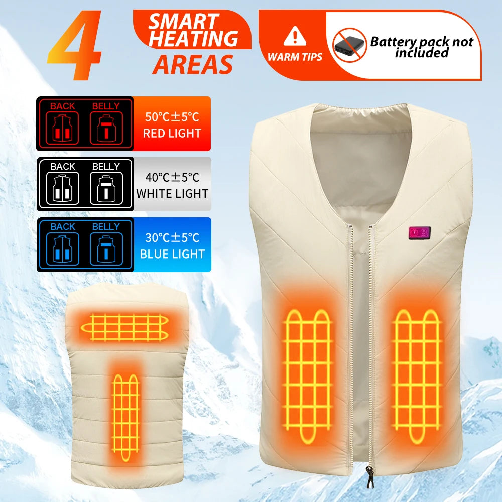 4 Areas Heated Vest Men Women Jacket Heated Clothes Casual V-neck USB Heated Vest Smart Control Temperature Heating Jacket Coat