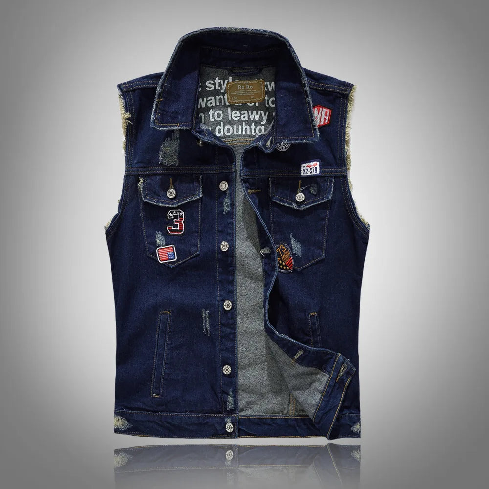 Men Ripped Denim Waistcoats Vests Jackets Light Blue Holes Denim Coats Vests New Fashion Male Cotton Slim Jeans Waistcoats 5XL