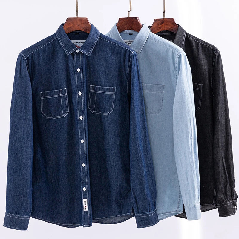2025 Denim Long-Sleeve Double or Single  Pocket Design Shirt Classic 100% Cotton Fashion Embroider Comfortable Clothes