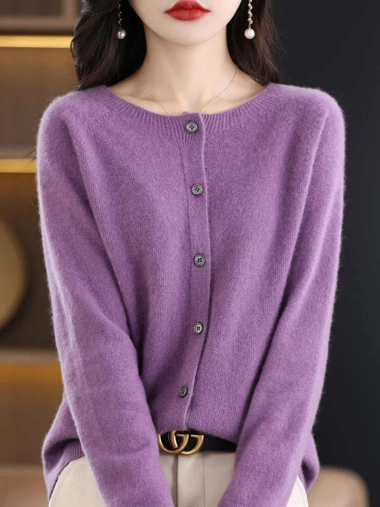 2026 New Chic Women's Basic O-neck Cardigan 100% Merino Wool Sweater Soft Grace Knitwear CoatSpring Autumn Female Clothes Tops