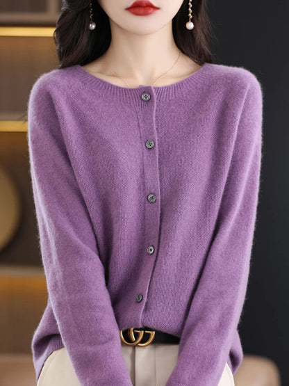 2026 New Chic Women's Basic O-neck Cardigan 100% Merino Wool Sweater Soft Grace Knitwear CoatSpring Autumn Female Clothes Tops